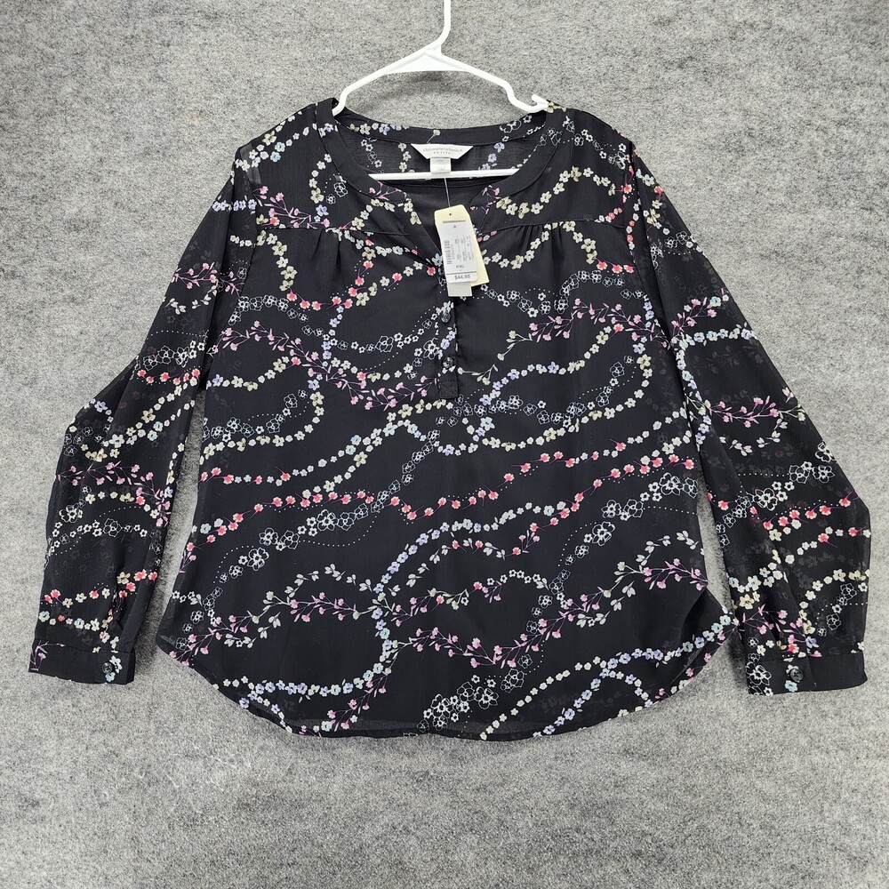 Christopher Banks Blouse Womens Petite XL Long Sleeve Black Floral V Neck